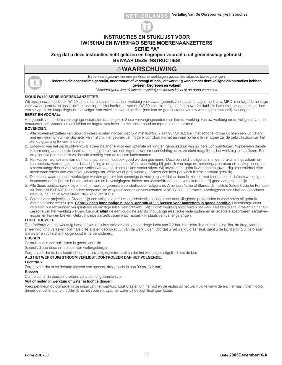 Waarschuwing | Sioux Tools IW150HAO User Manual | Page 11 / 16
