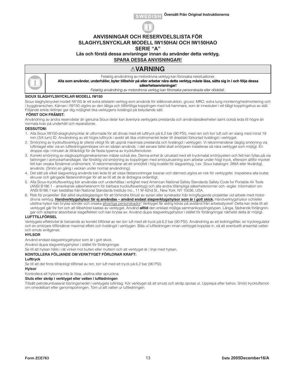 Varning | Sioux Tools IW150HAO User Manual | Page 13 / 16