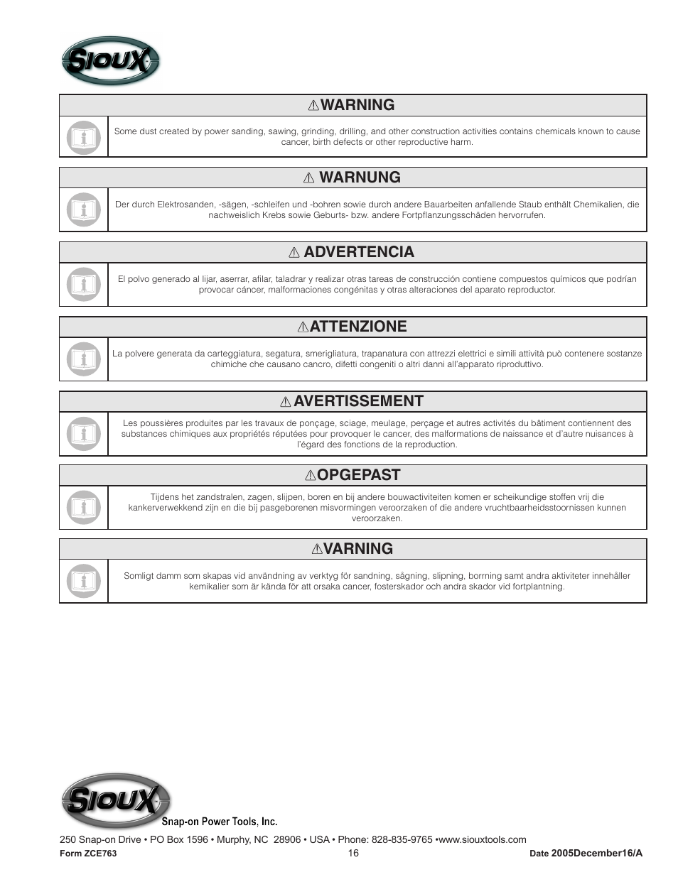 Warning, Warnung, Advertencia | Attenzione, Avertissement, Opgepast, Varning | Sioux Tools IW150HAO User Manual | Page 16 / 16