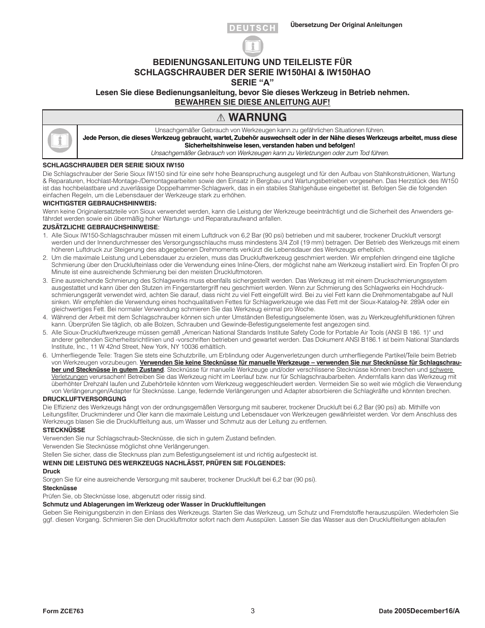 Warnung | Sioux Tools IW150HAO User Manual | Page 3 / 16