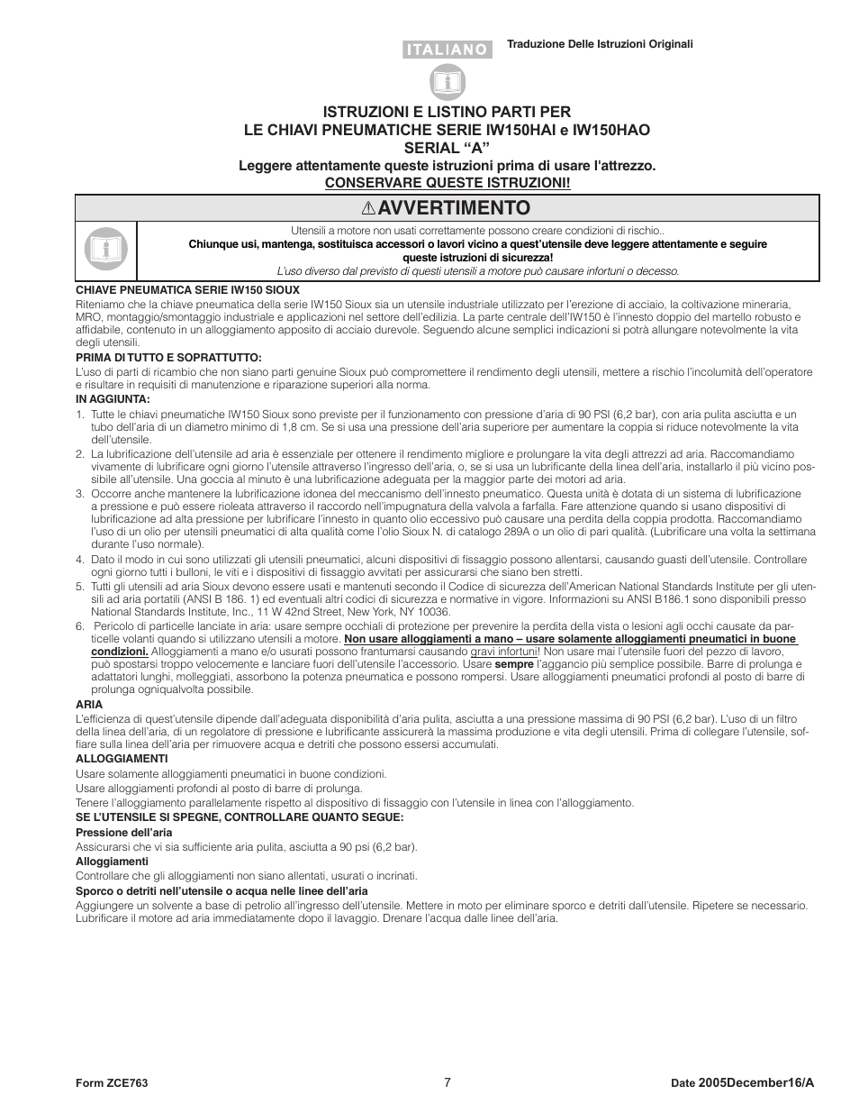 Avvertimento | Sioux Tools IW150HAO User Manual | Page 7 / 16