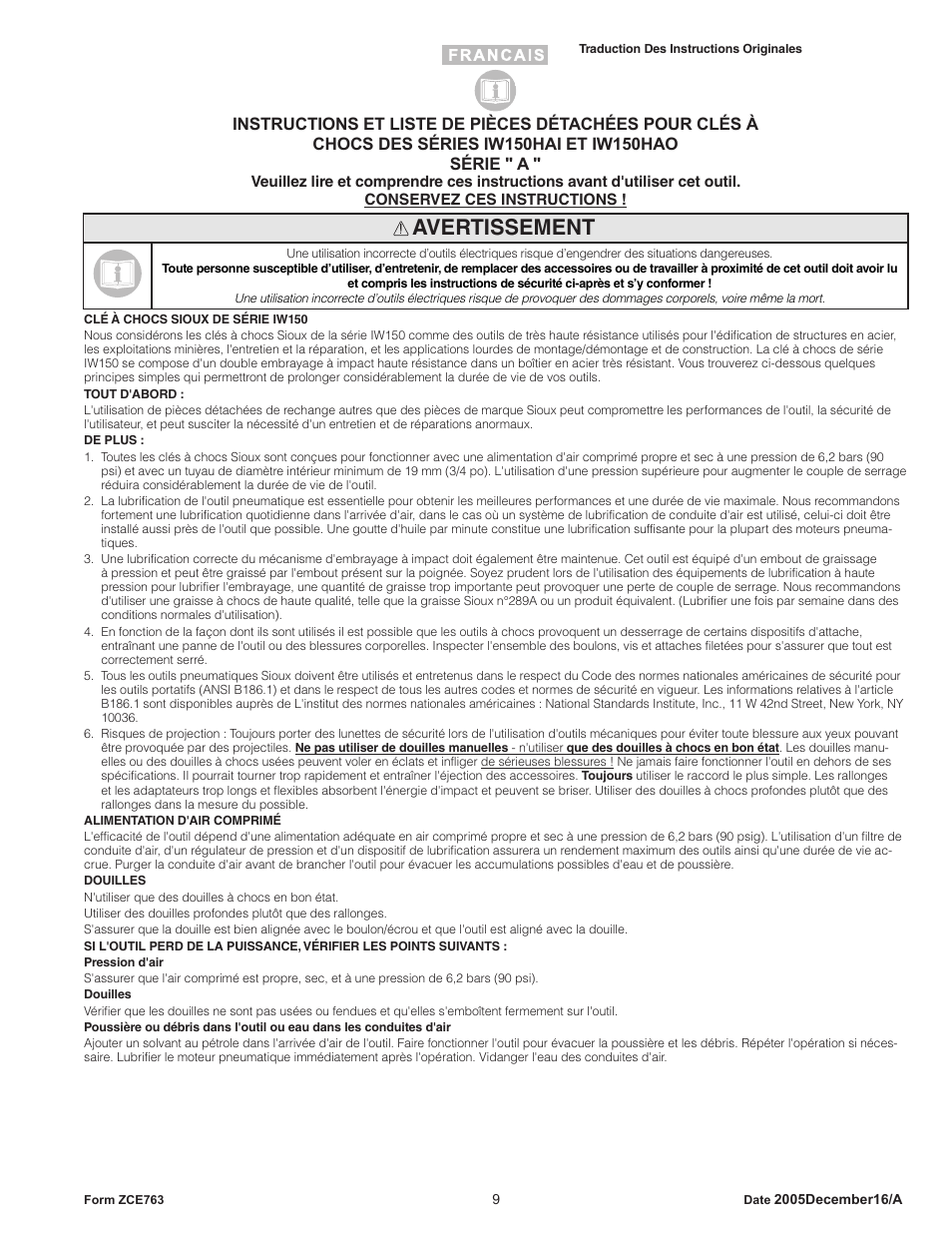 Avertissement | Sioux Tools IW150HAO User Manual | Page 9 / 16