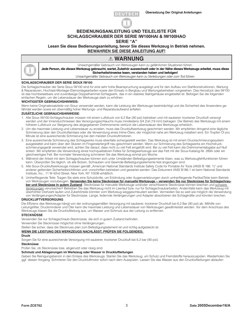 Warnung | Sioux Tools IW100HAO User Manual | Page 3 / 16