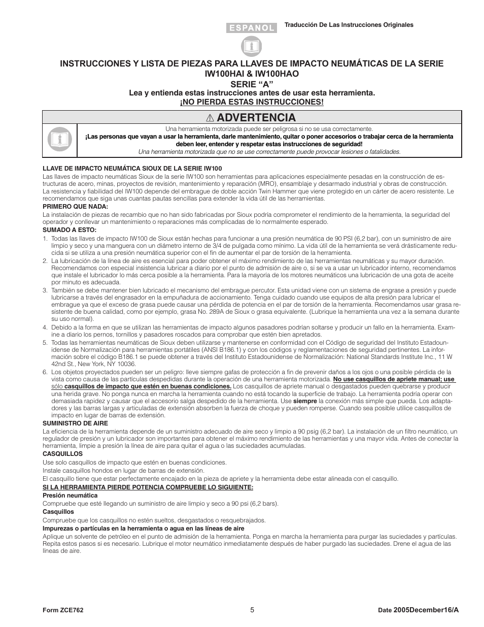Advertencia | Sioux Tools IW100HAO User Manual | Page 5 / 16