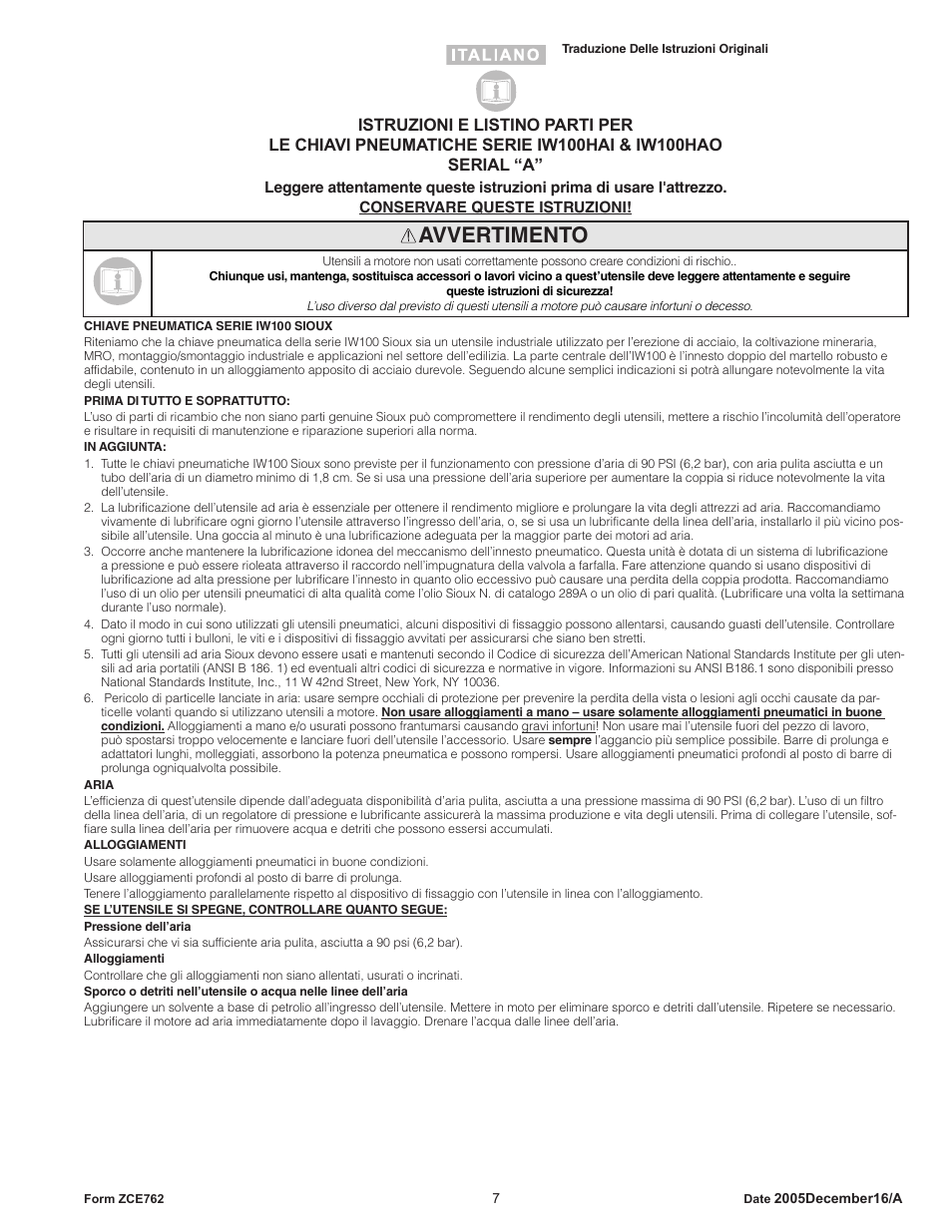 Avvertimento | Sioux Tools IW100HAO User Manual | Page 7 / 16