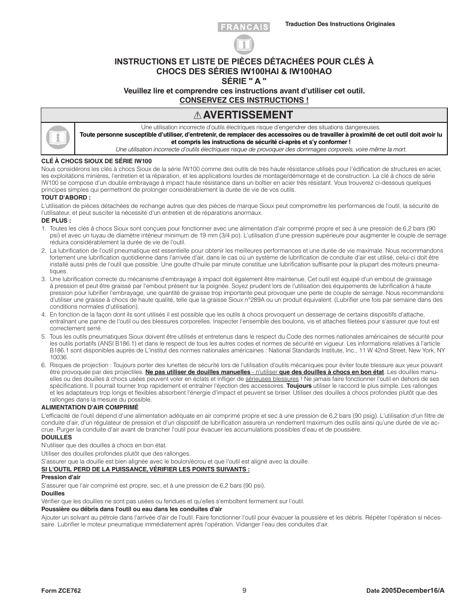 Avertissement | Sioux Tools IW100HAO User Manual | Page 9 / 16