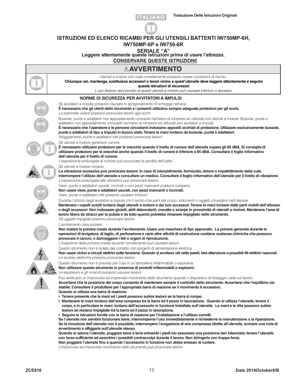 Avvertimento | Sioux Tools IW750MP-6R User Manual | Page 13 / 34