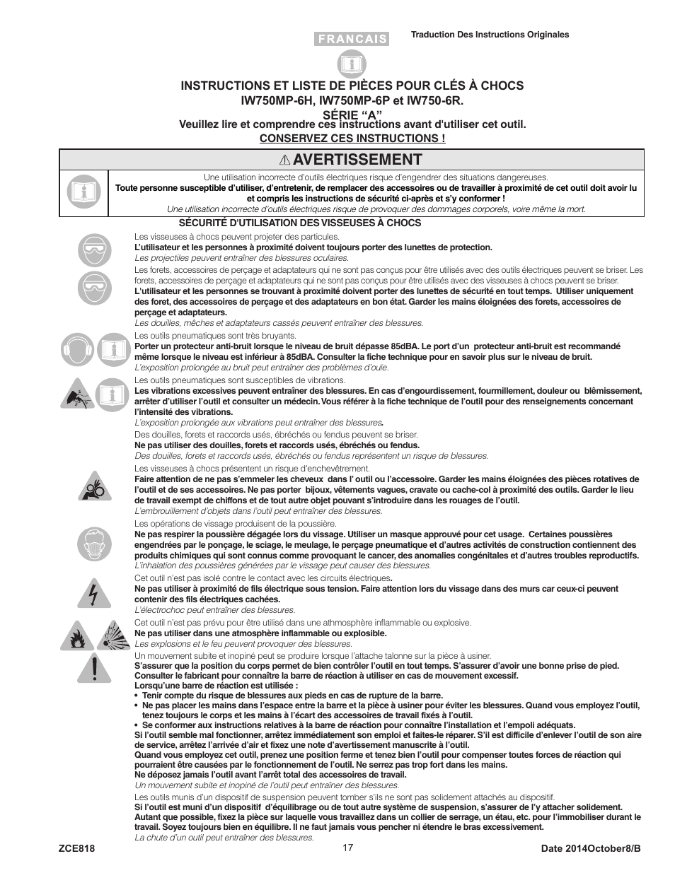 Avertissement | Sioux Tools IW750MP-6R User Manual | Page 17 / 34
