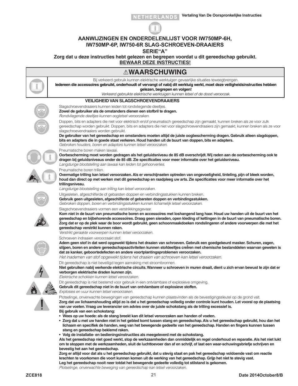 Waarschuwing | Sioux Tools IW750MP-6R User Manual | Page 21 / 34