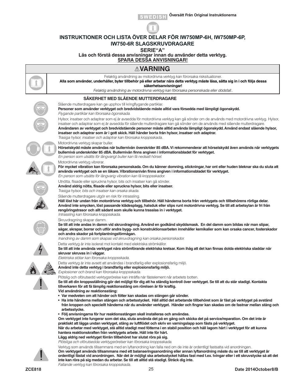 Varning | Sioux Tools IW750MP-6R User Manual | Page 25 / 34