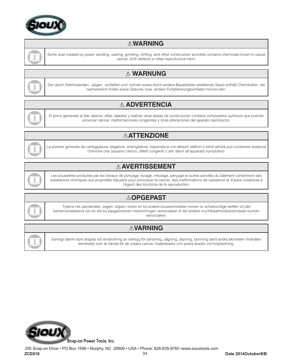 Warning, Warnung, Advertencia | Attenzione, Avertissement, Opgepast, Varning | Sioux Tools IW750MP-6R User Manual | Page 34 / 34