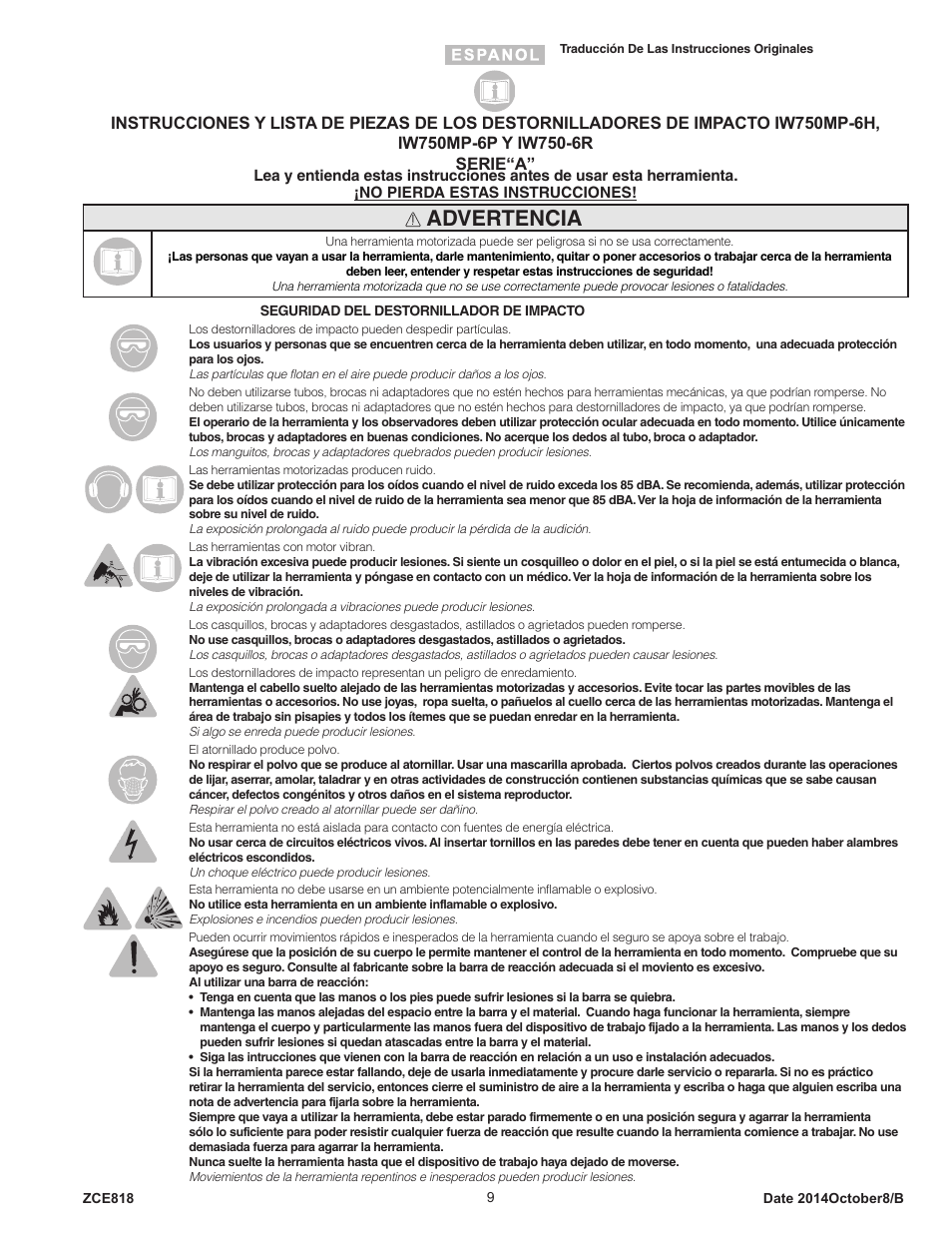 Advertencia | Sioux Tools IW750MP-6R User Manual | Page 9 / 34