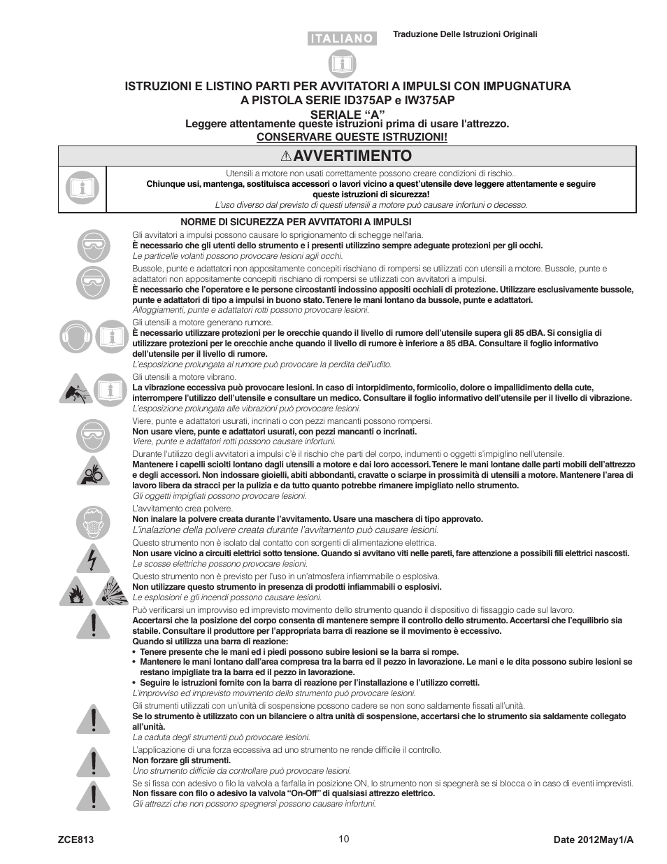 Avvertimento | Sioux Tools IW375AP User Manual | Page 10 / 27