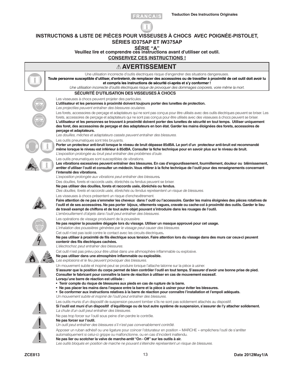 Avertissement | Sioux Tools IW375AP User Manual | Page 13 / 27