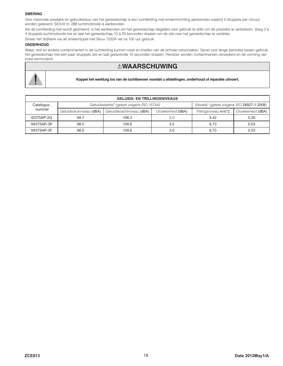 Waarschuwing | Sioux Tools IW375AP User Manual | Page 18 / 27