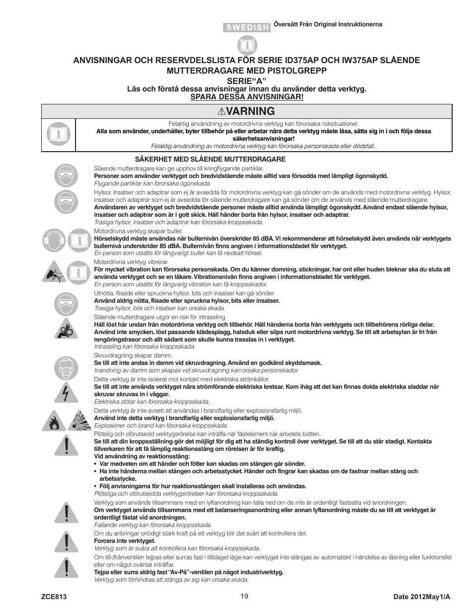 Varning | Sioux Tools IW375AP User Manual | Page 19 / 27