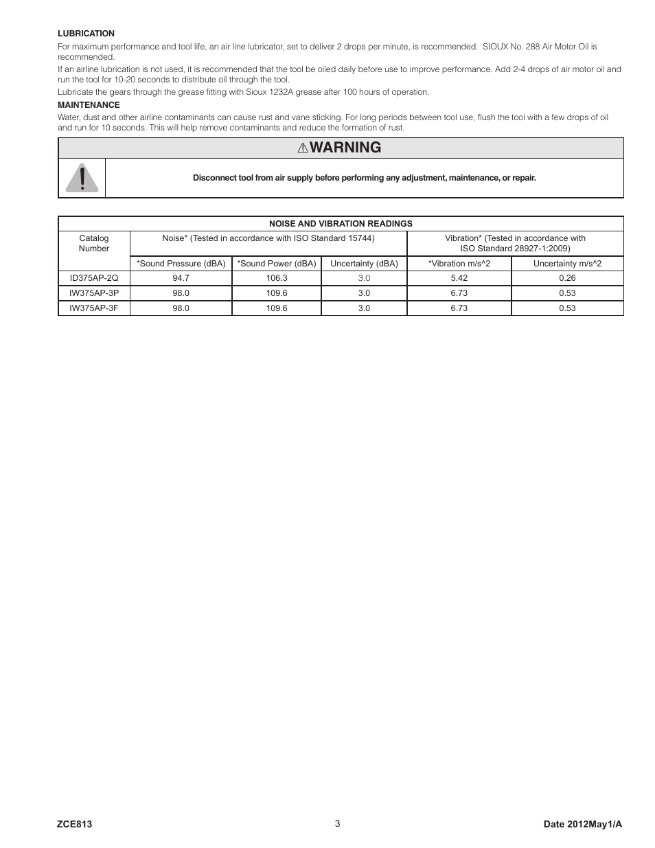 Warning | Sioux Tools IW375AP User Manual | Page 3 / 27