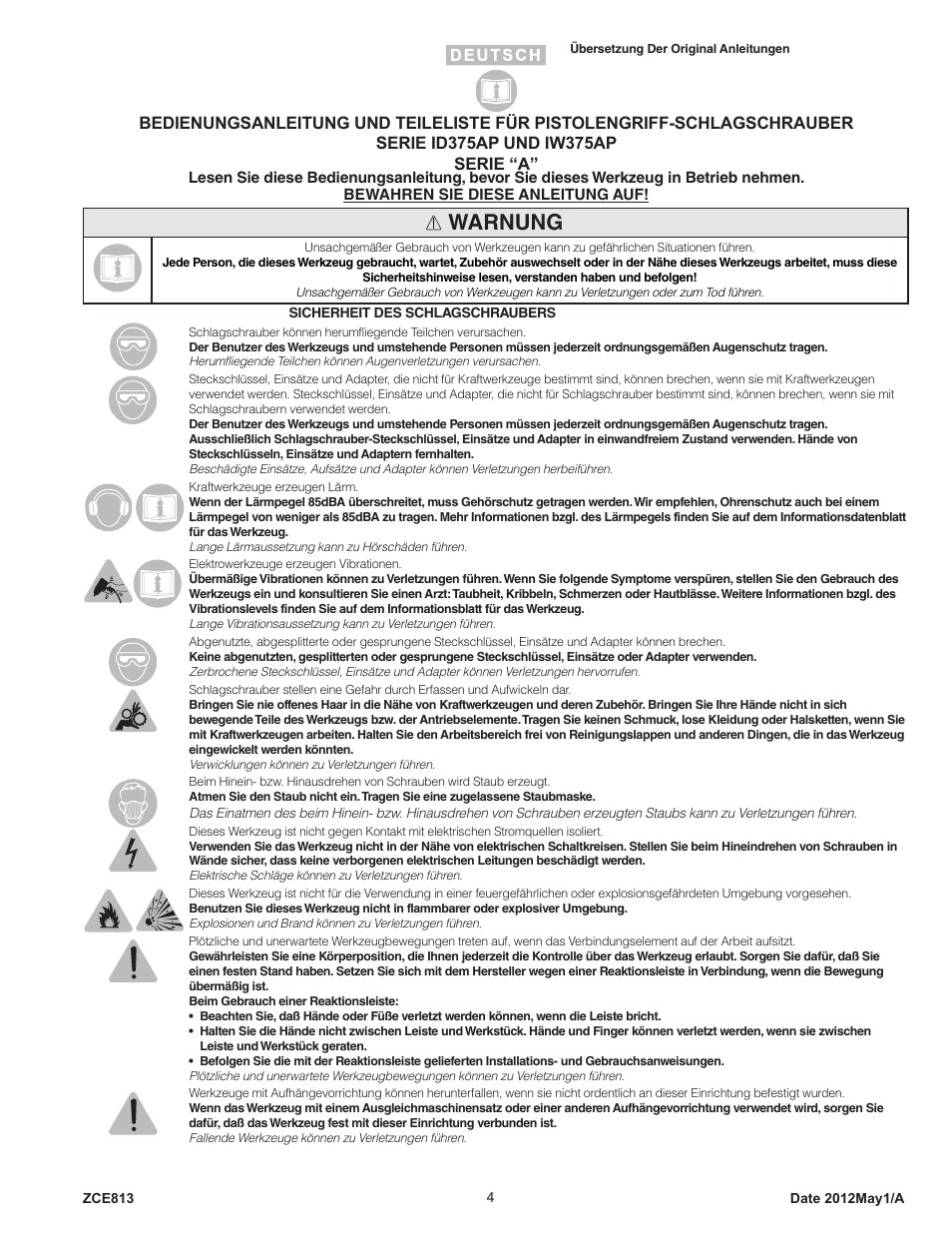 Warnung | Sioux Tools IW375AP User Manual | Page 4 / 27