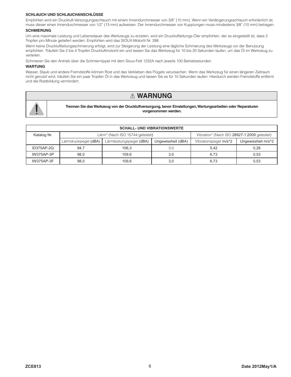Warnung | Sioux Tools IW375AP User Manual | Page 6 / 27