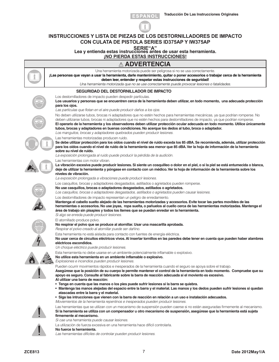 Advertencia | Sioux Tools IW375AP User Manual | Page 7 / 27