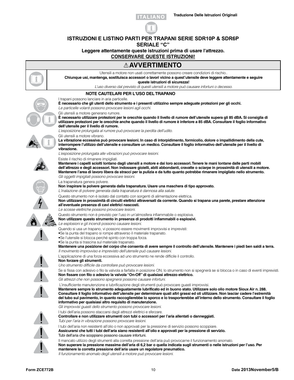Avvertimento | Sioux Tools SDR6P User Manual | Page 10 / 33