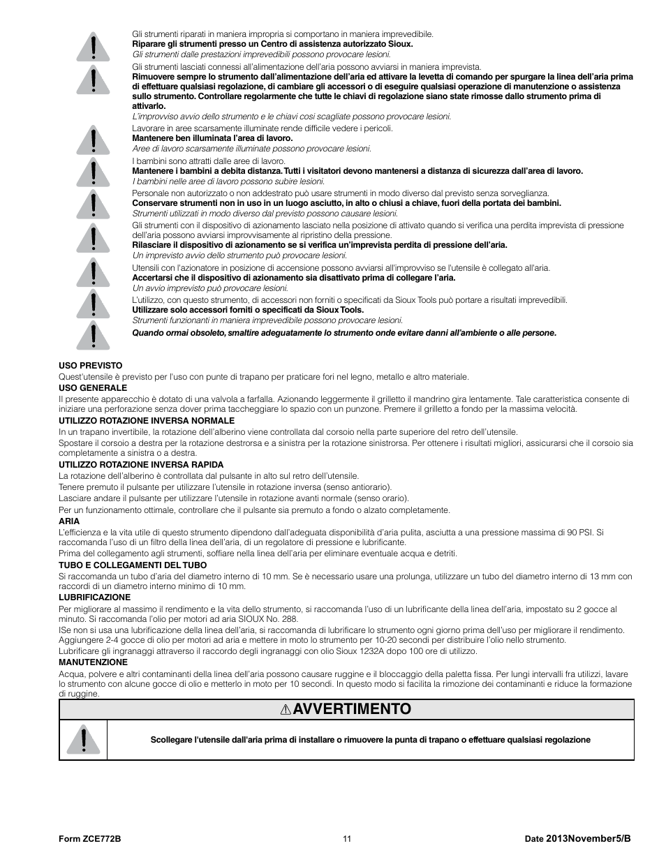 Avvertimento | Sioux Tools SDR6P User Manual | Page 11 / 33