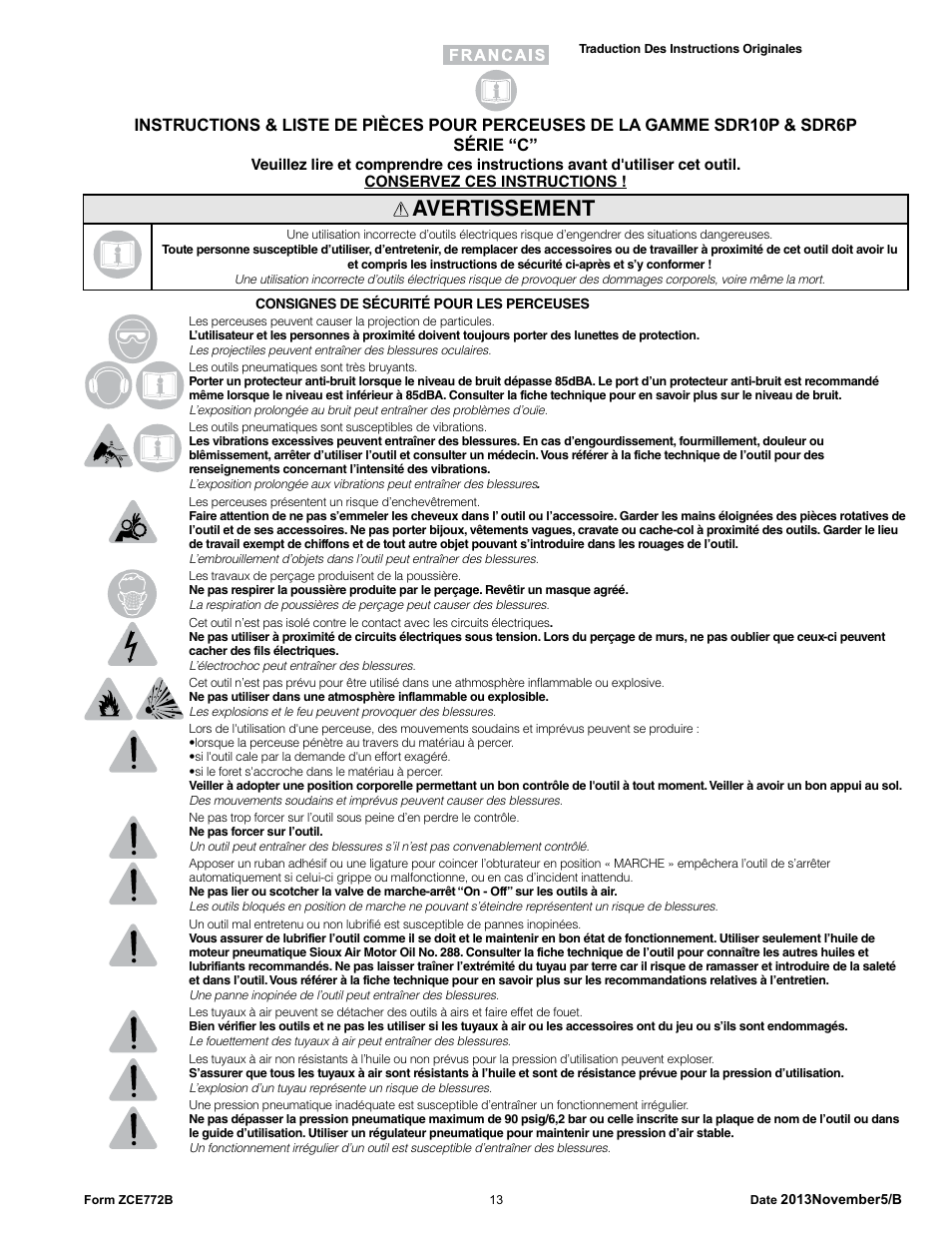 Avertissement | Sioux Tools SDR6P User Manual | Page 13 / 33