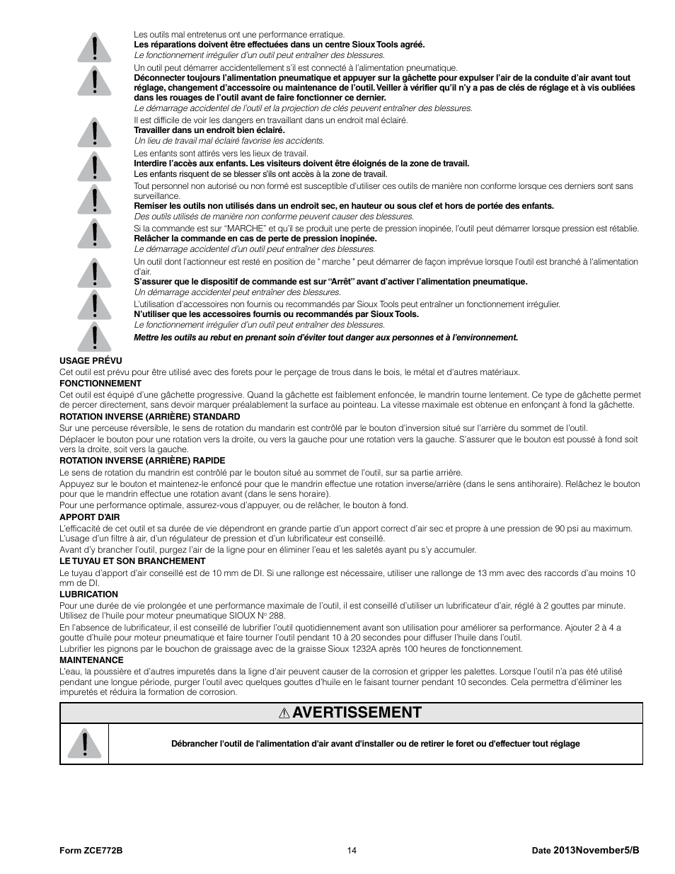 Avertissement | Sioux Tools SDR6P User Manual | Page 14 / 33