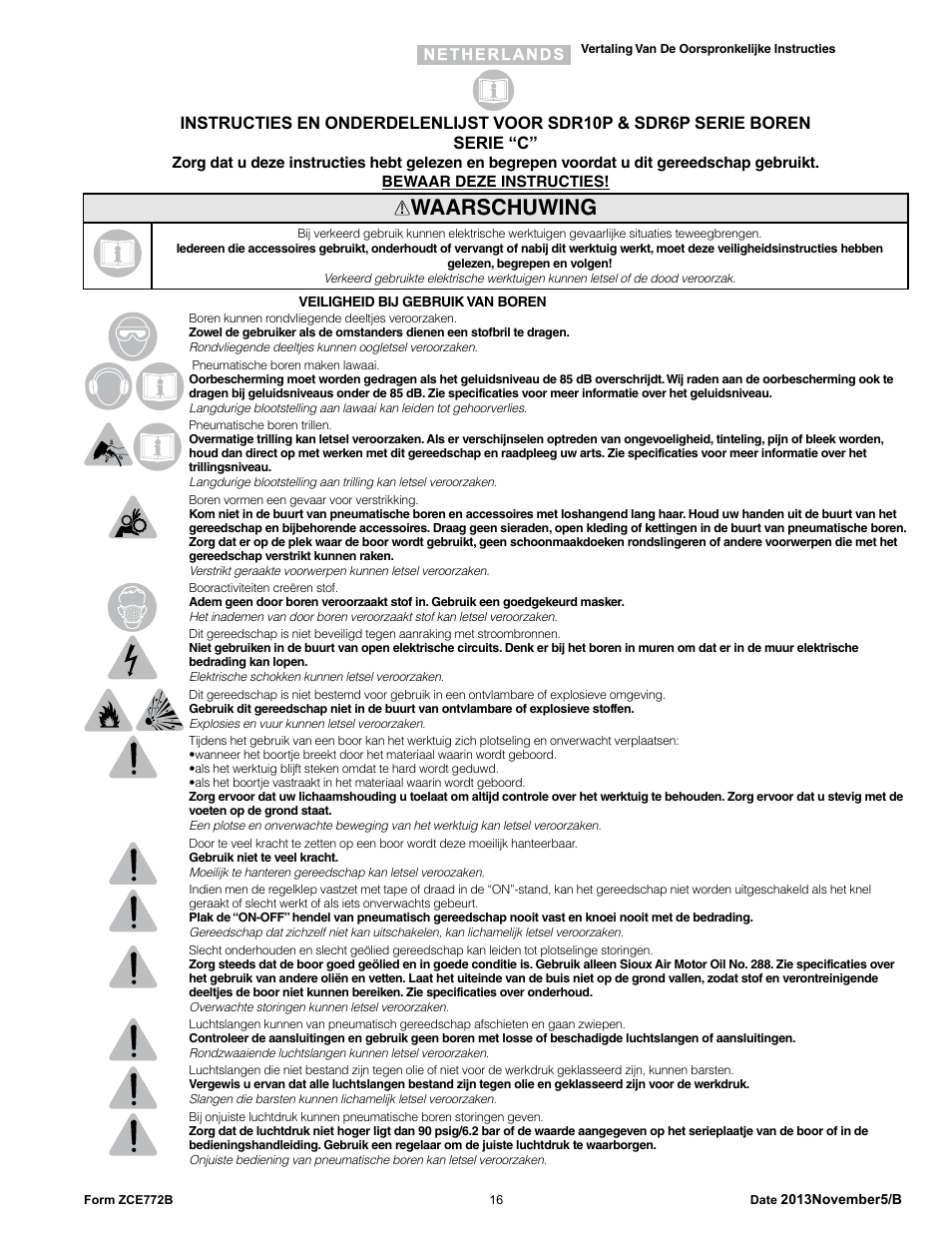 Waarschuwing | Sioux Tools SDR6P User Manual | Page 16 / 33