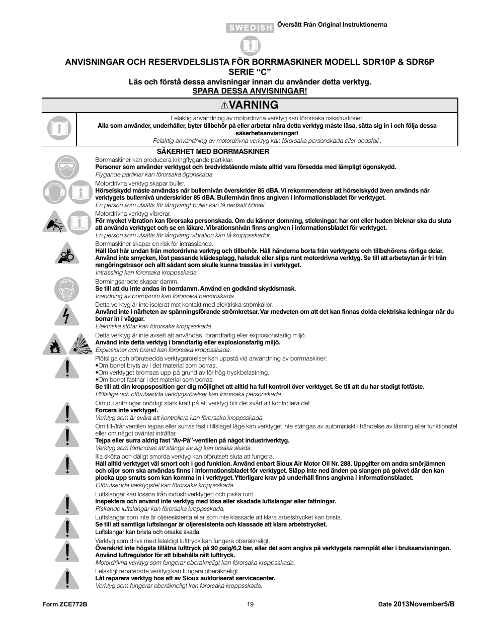 Varning | Sioux Tools SDR6P User Manual | Page 19 / 33