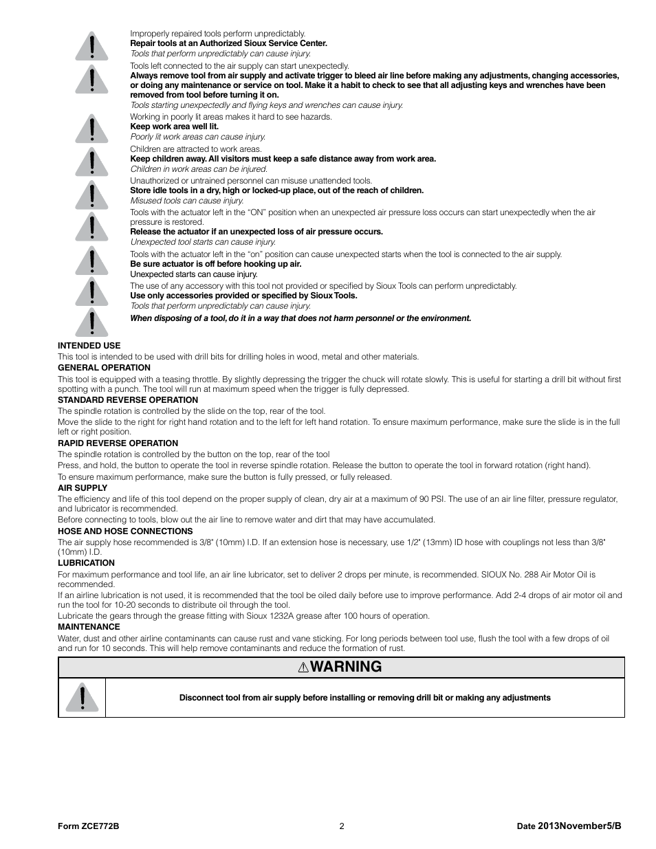 Warning | Sioux Tools SDR6P User Manual | Page 2 / 33