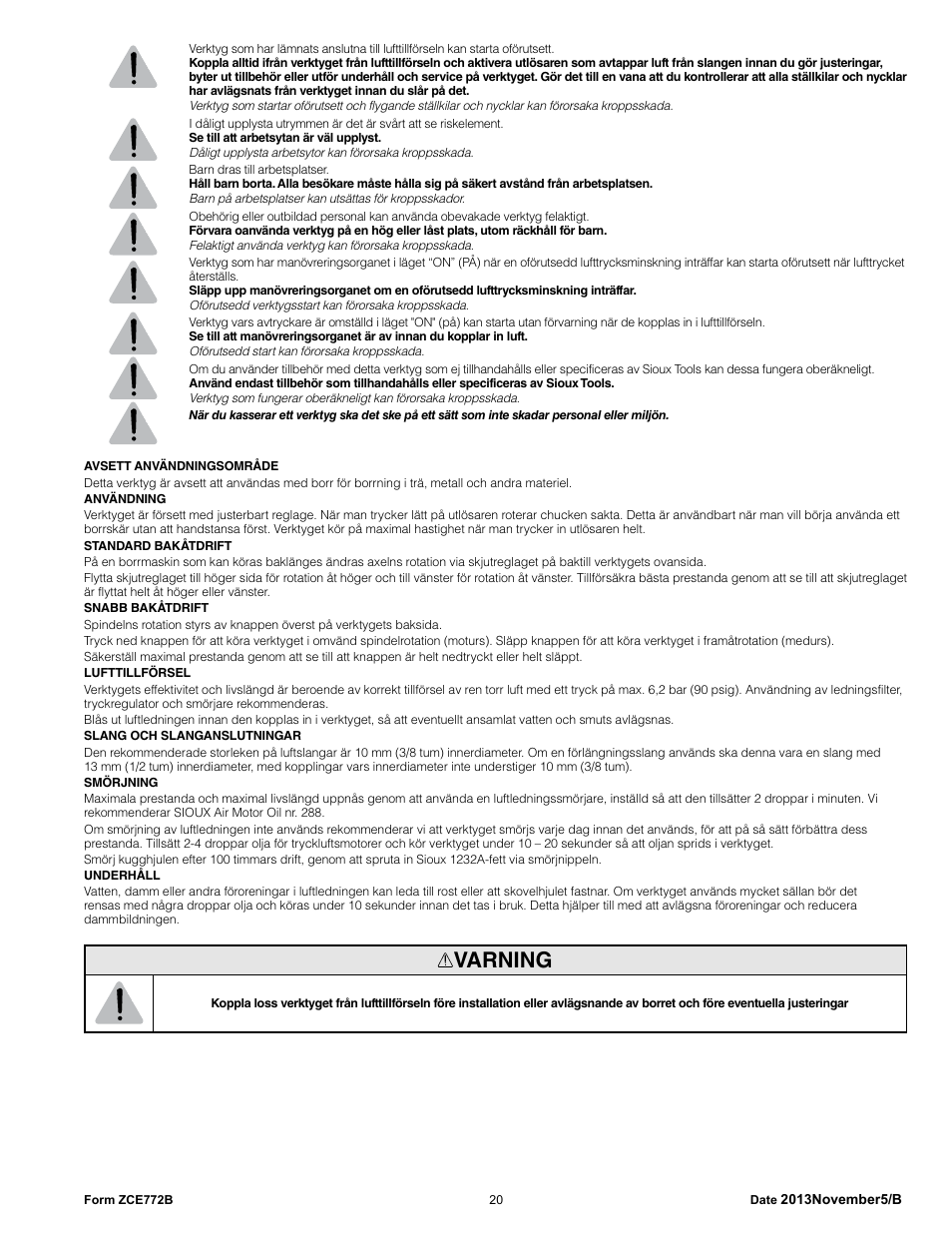 Varning | Sioux Tools SDR6P User Manual | Page 20 / 33