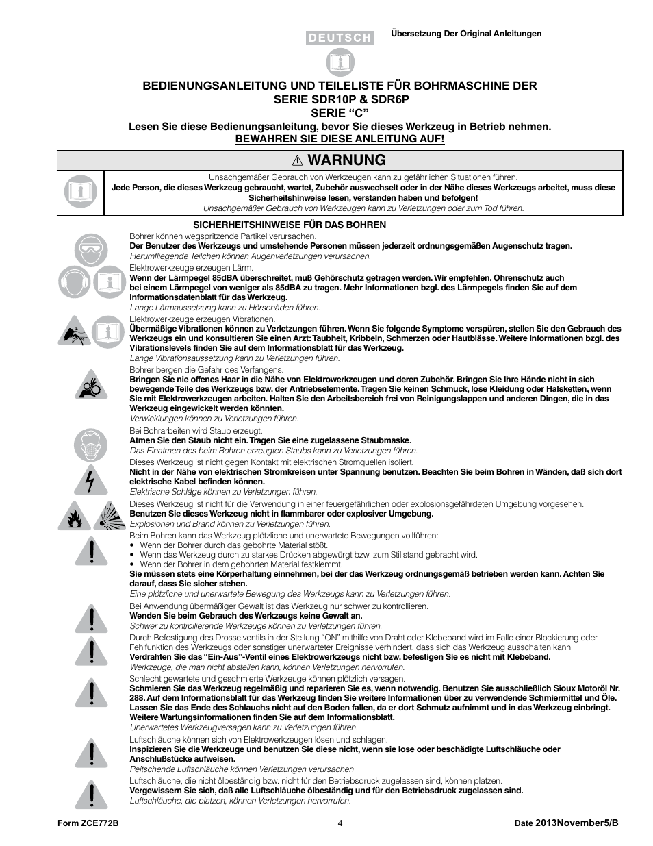 Warnung | Sioux Tools SDR6P User Manual | Page 4 / 33
