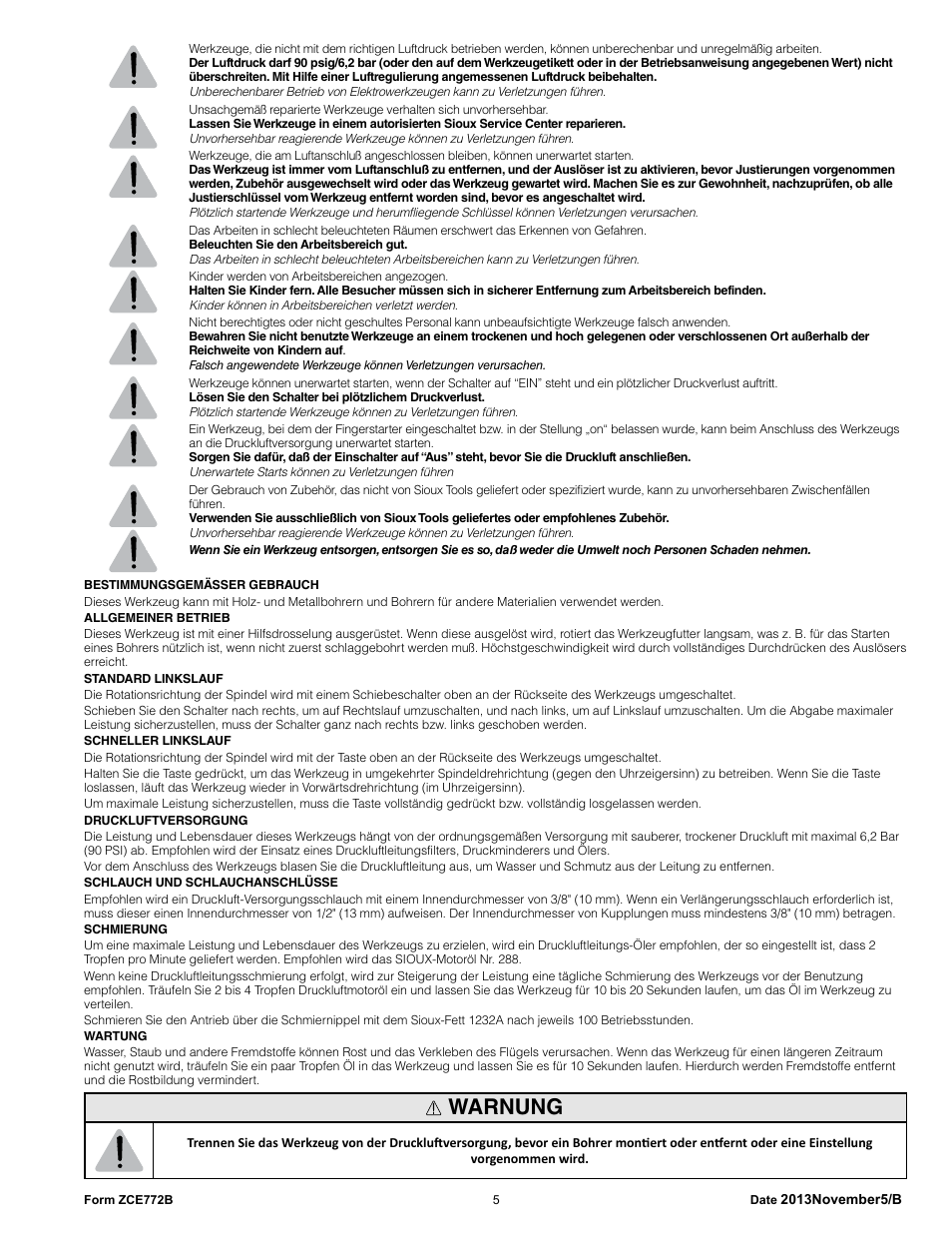 Warnung | Sioux Tools SDR6P User Manual | Page 5 / 33