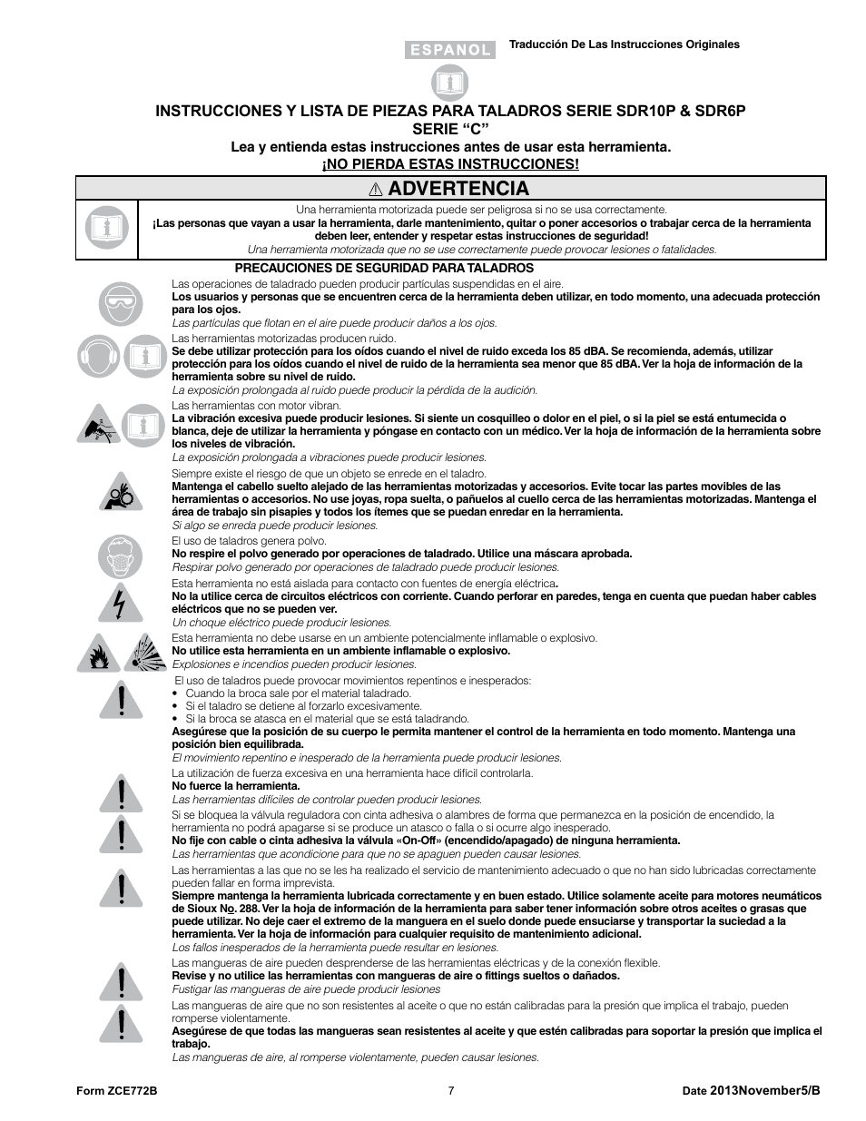 Advertencia | Sioux Tools SDR6P User Manual | Page 7 / 33