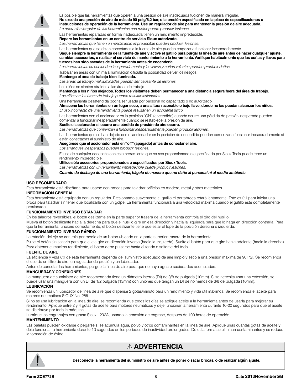 Advertencia | Sioux Tools SDR6P User Manual | Page 8 / 33