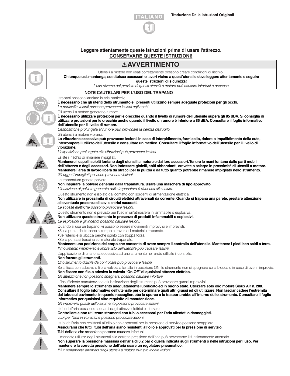 Avvertimento | Sioux Tools SDR6P User Manual | Page 10 / 31