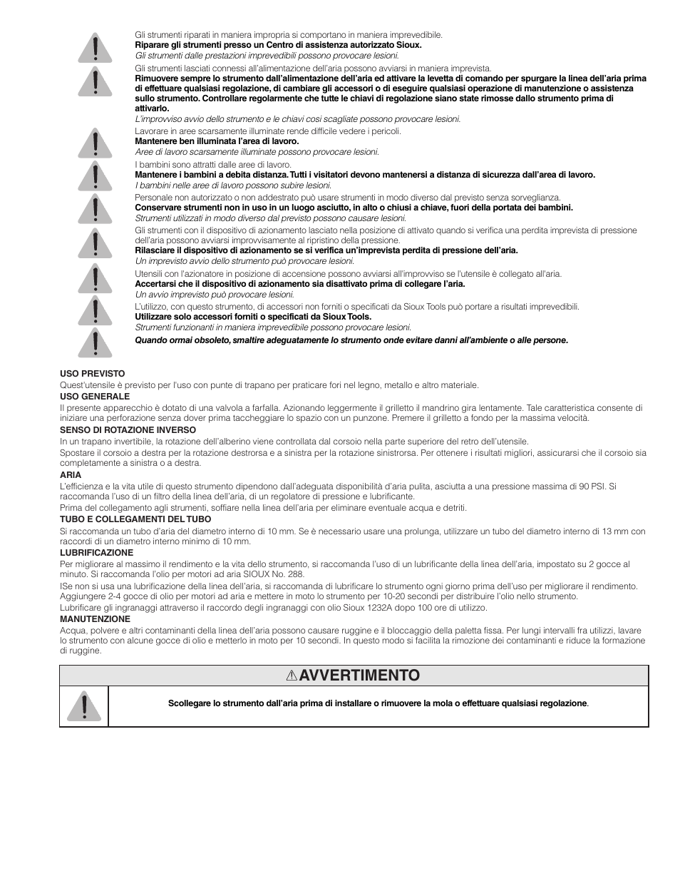 Avvertimento | Sioux Tools SDR6P User Manual | Page 11 / 31