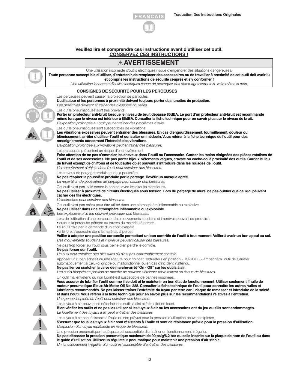 Avertissement | Sioux Tools SDR6P User Manual | Page 13 / 31