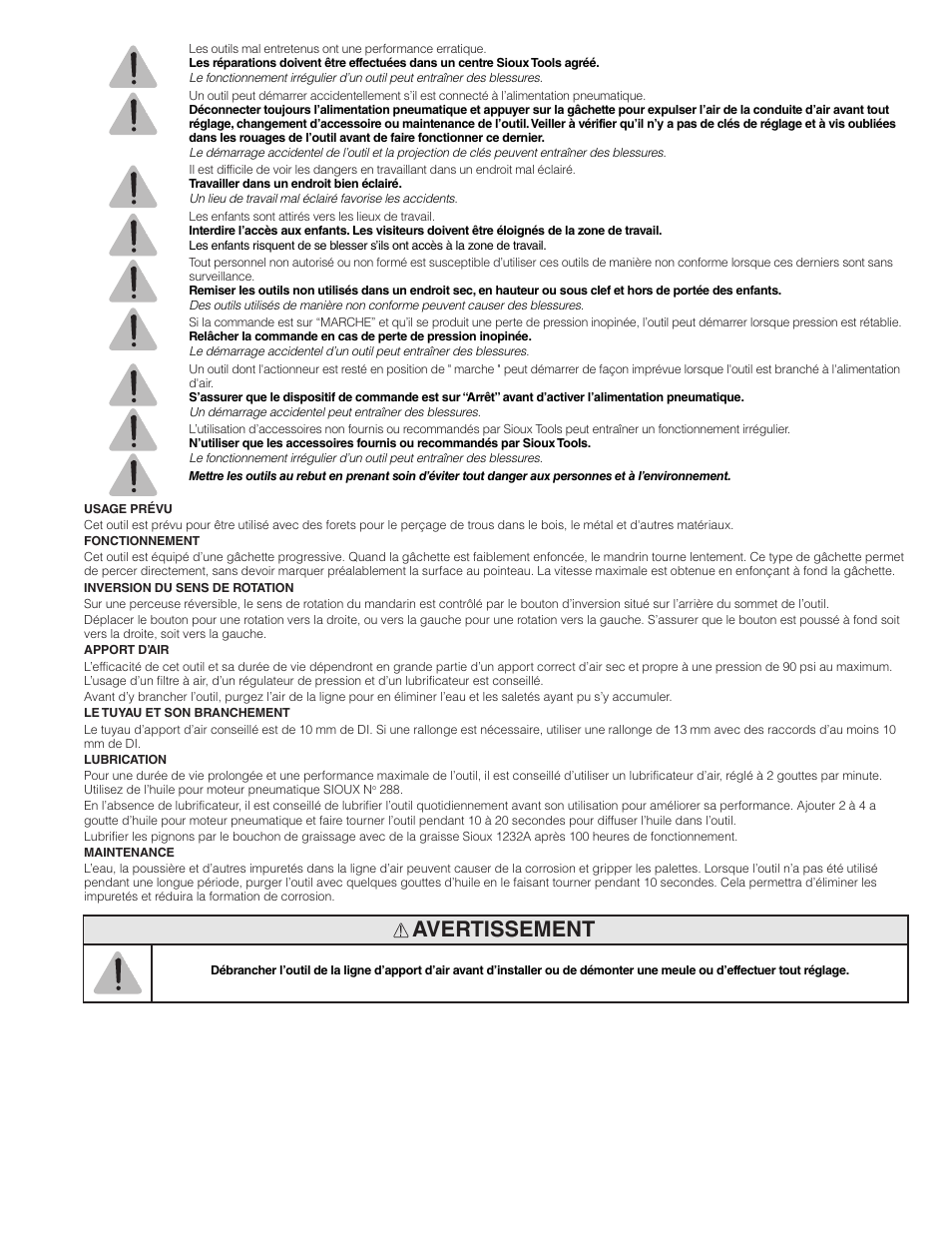 Avertissement | Sioux Tools SDR6P User Manual | Page 14 / 31