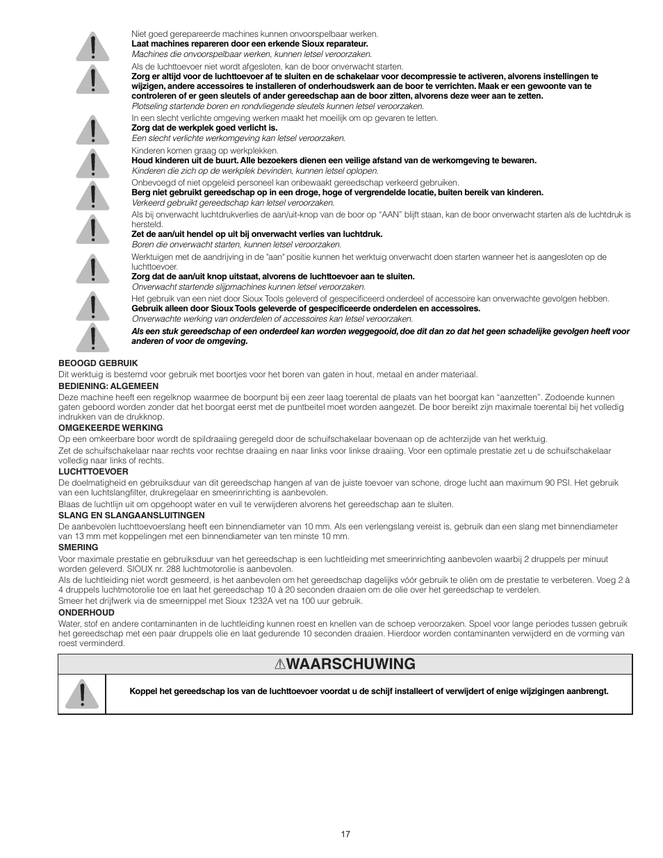 Waarschuwing | Sioux Tools SDR6P User Manual | Page 17 / 31