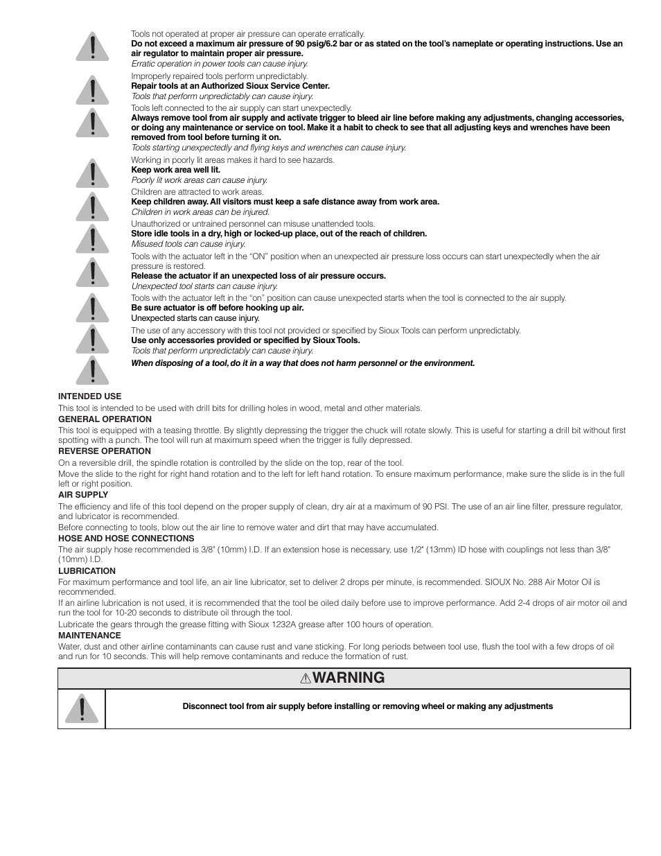 Warning | Sioux Tools SDR6P User Manual | Page 2 / 31