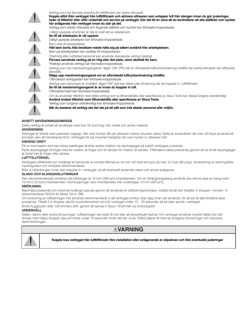 Varning | Sioux Tools SDR6P User Manual | Page 20 / 31