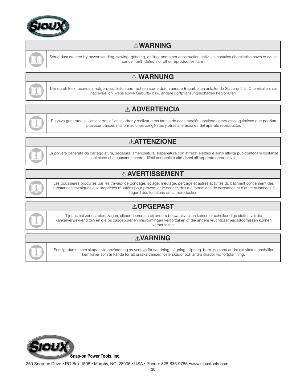 Warning, Warnung, Advertencia | Attenzione, Avertissement, Opgepast, Varning | Sioux Tools SDR6P User Manual | Page 30 / 31