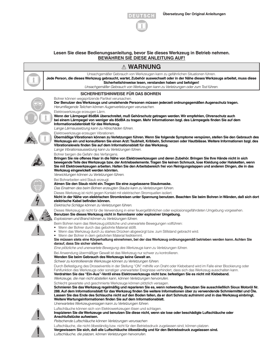 Warnung | Sioux Tools SDR6P User Manual | Page 4 / 31