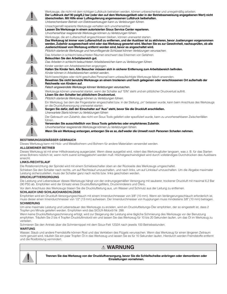Warnung | Sioux Tools SDR6P User Manual | Page 5 / 31