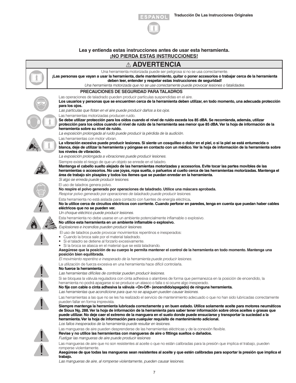 Advertencia | Sioux Tools SDR6P User Manual | Page 7 / 31