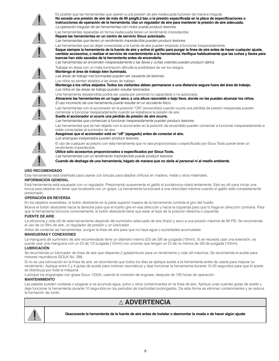 Advertencia | Sioux Tools SDR6P User Manual | Page 8 / 31
