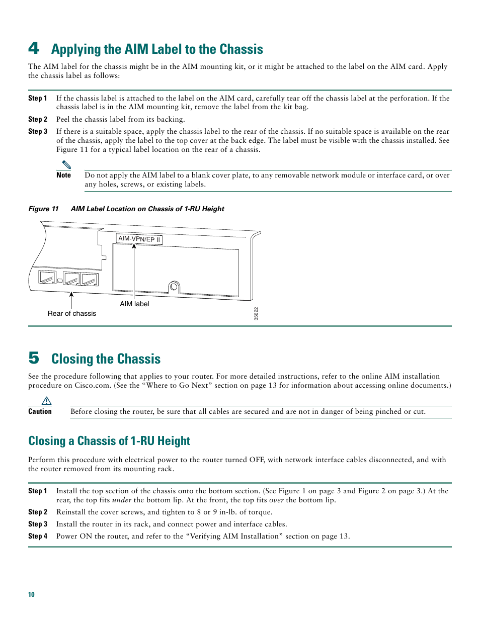 4 applying the aim label to the chassis, 5 closing the chassis, Closing a chassis of 1-ru height | Applying the aim label to the chassis, Closing the chassis | Cisco 3600 Series User Manual | Page 10 / 18