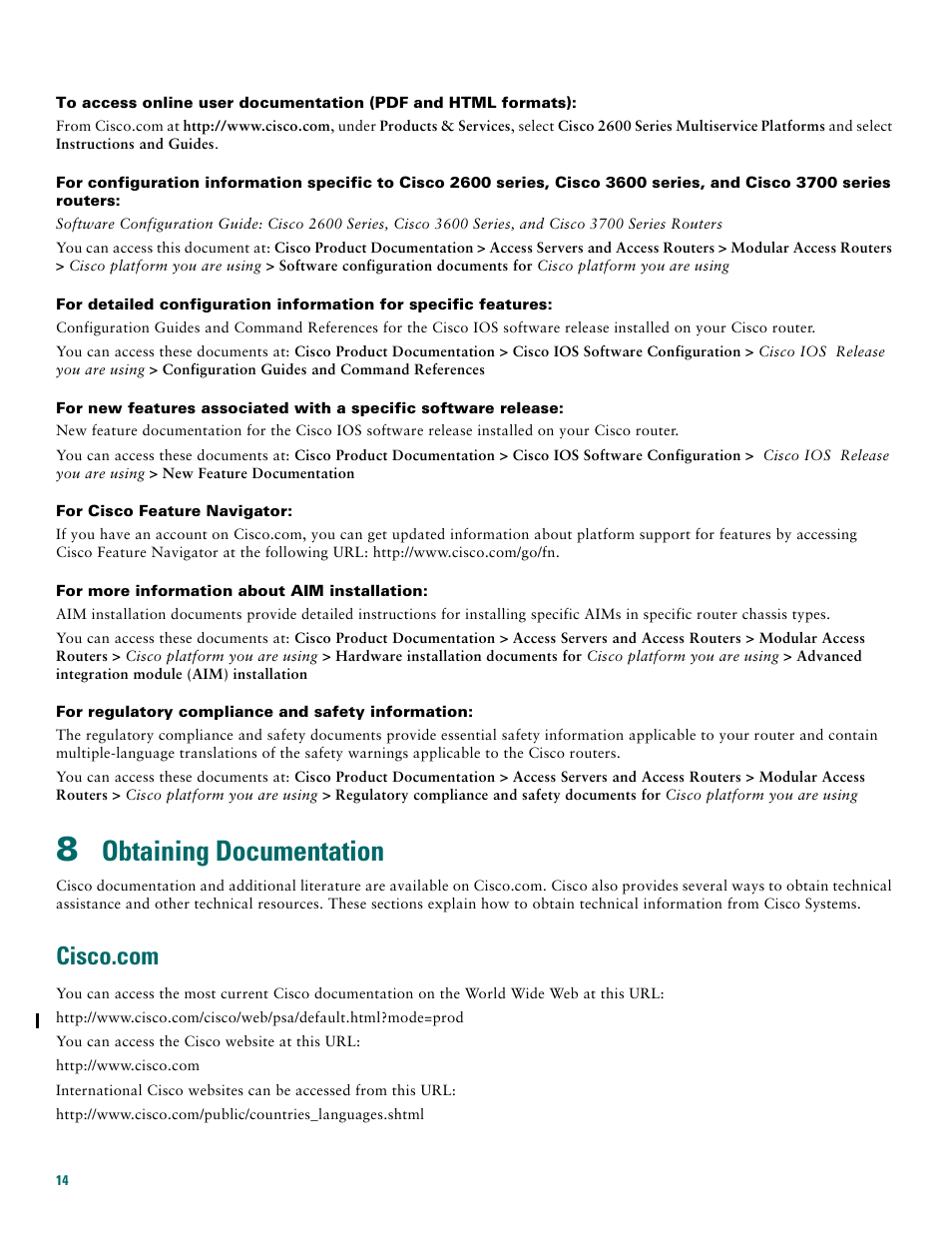 8 obtaining documentation, Cisco.com, Obtaining documentation | Cisco 3600 Series User Manual | Page 14 / 18